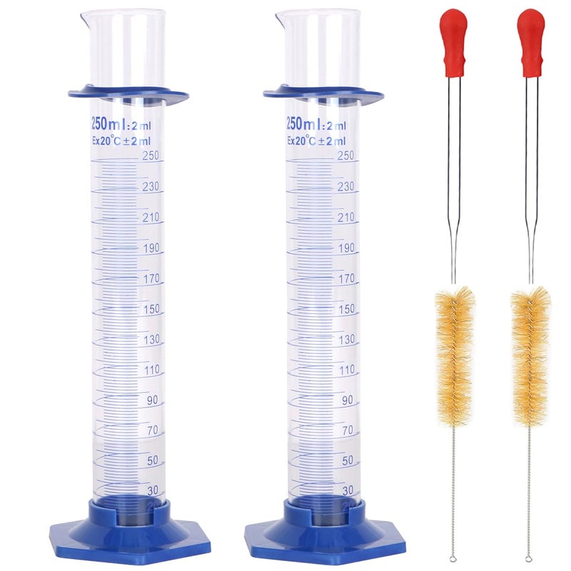 KIGITIK 2Pcs 250ml Graduated Cylinder, Thick Glass Measuring Cylinder, with Anti-Falling Plastic Base and Bumper Guards, for Science Laboratory Measuring Liquid, Bring 2 Brushes and 2 droppers - Image 1